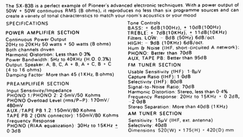 Pioneer SX-838 Specifications